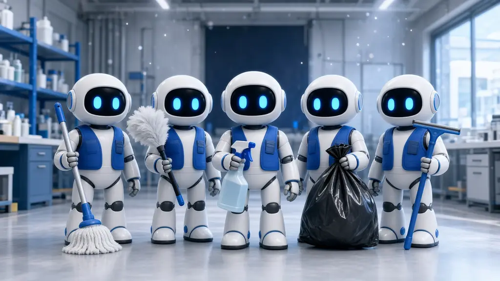 Illustration of the Aura bot crew with cleaning tools