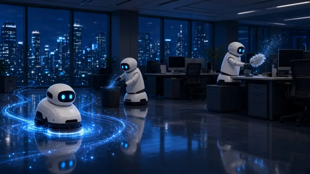 Illustration of bots cleaning an office at night